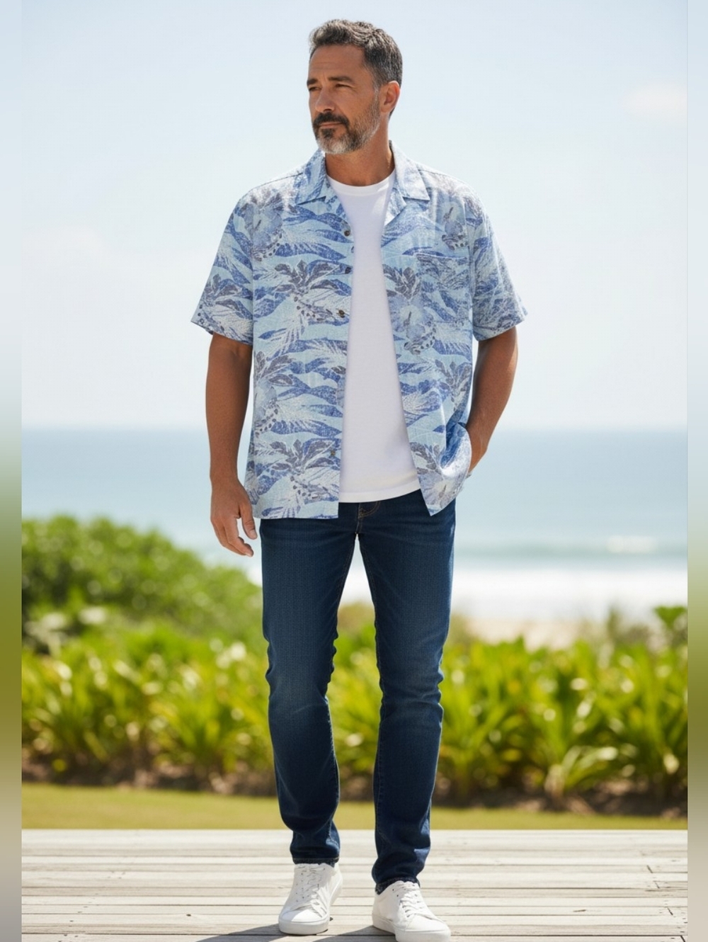Havana Jim, Ocean Breeze Blue Leaf Print Men's Shirt, NWT